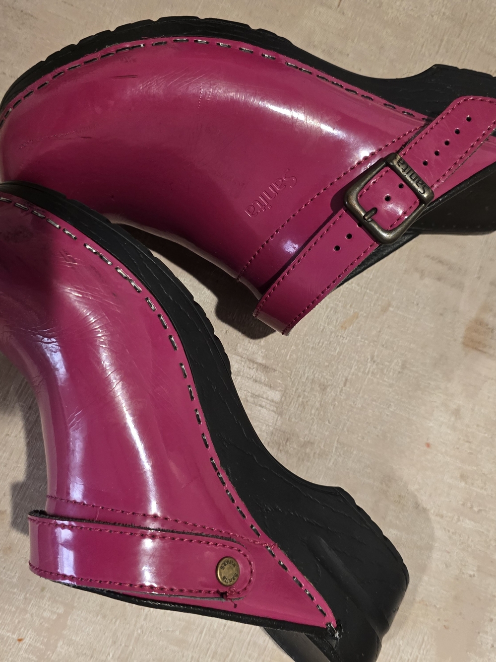 Sanita Hot Pink Patent Leather Clog Mules with Black Sole